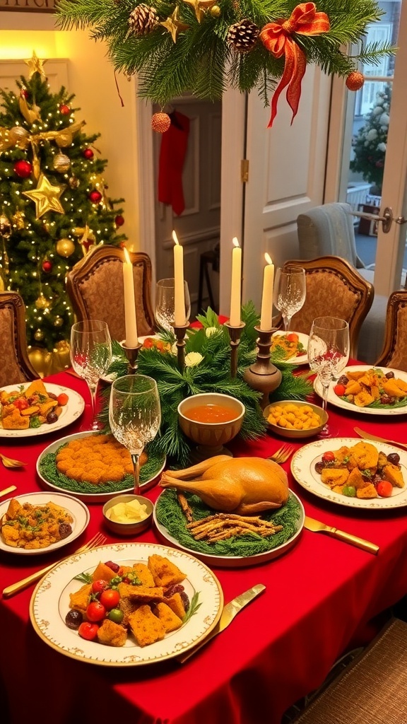 Festive Christmas Table Decorations and Food Ideas A festive Christmas table setting with red tablecloth, gold cutlery, and holiday dishes.